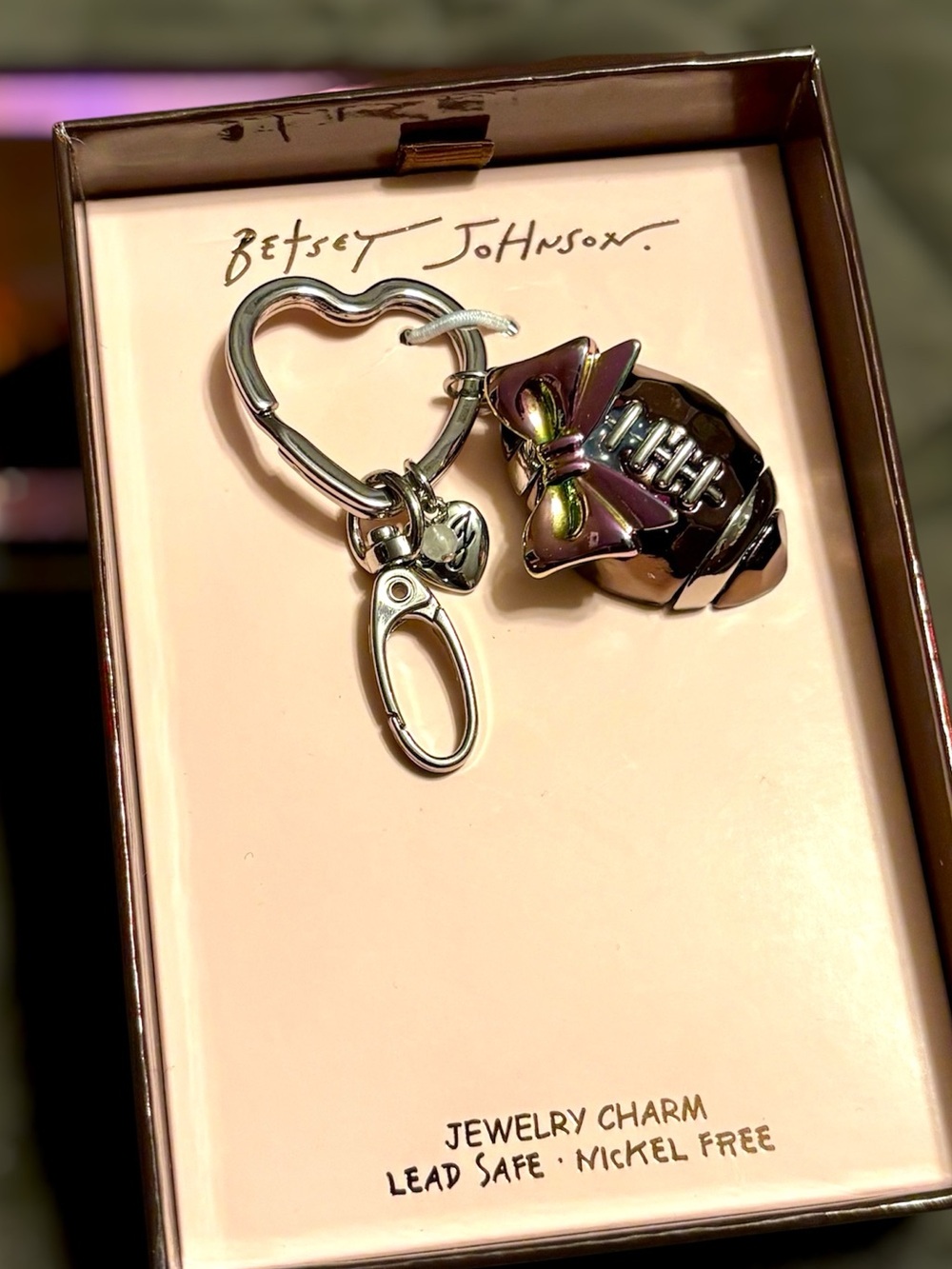 NWT•Betsey Johnson metallic Brown Football keychain/bag fob w/AB Bow